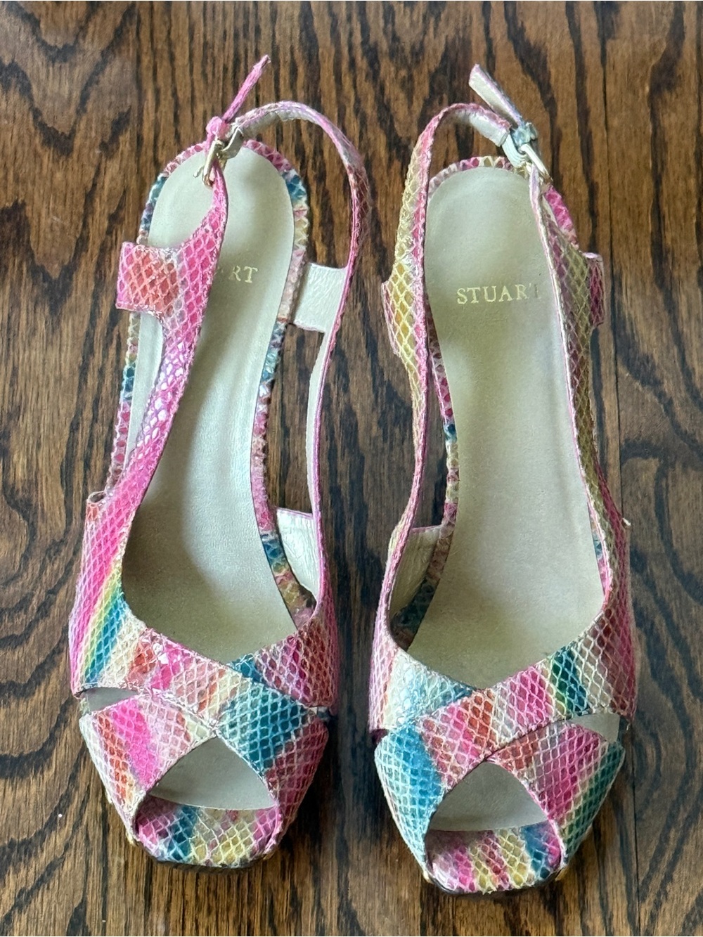 Stuart Weitzman Multicolor Snake-Texture Slingback Heels in Pink and Blue